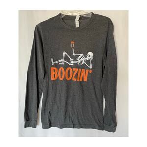 Bella Canvas Boozin' Skeleton Halloween Long Sleeve T-Shirt Gray Fun Adult